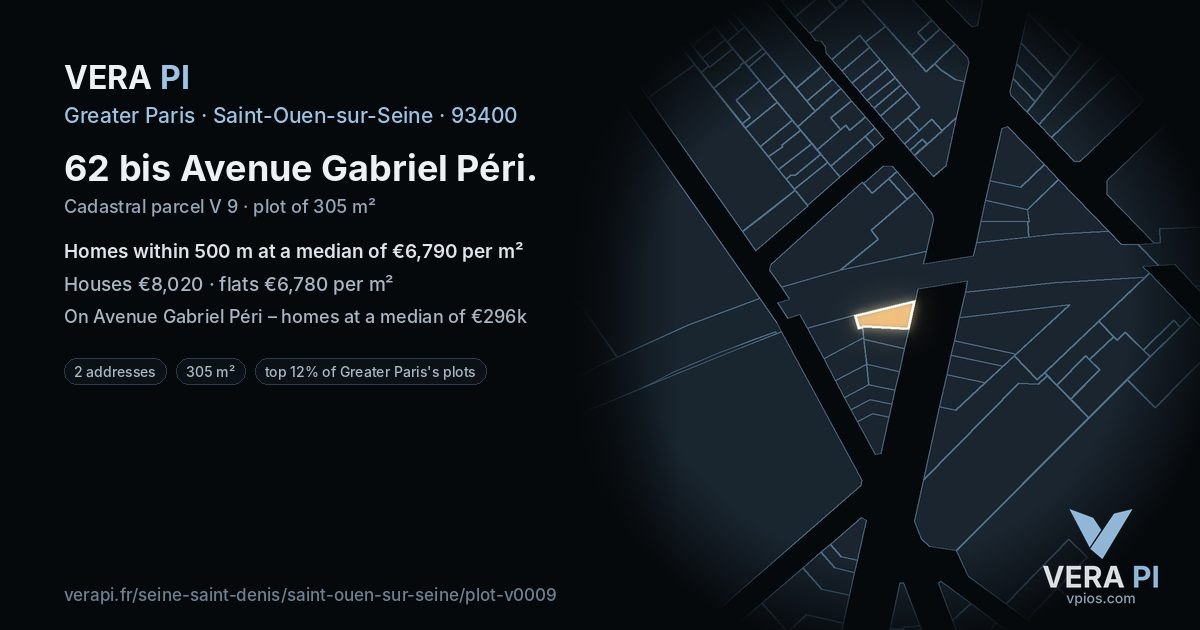 62 bis Avenue Gabriel Péri, Saint-Ouen-sur-Seine at night – the plot lit, the parcels around coloured by the prices near them