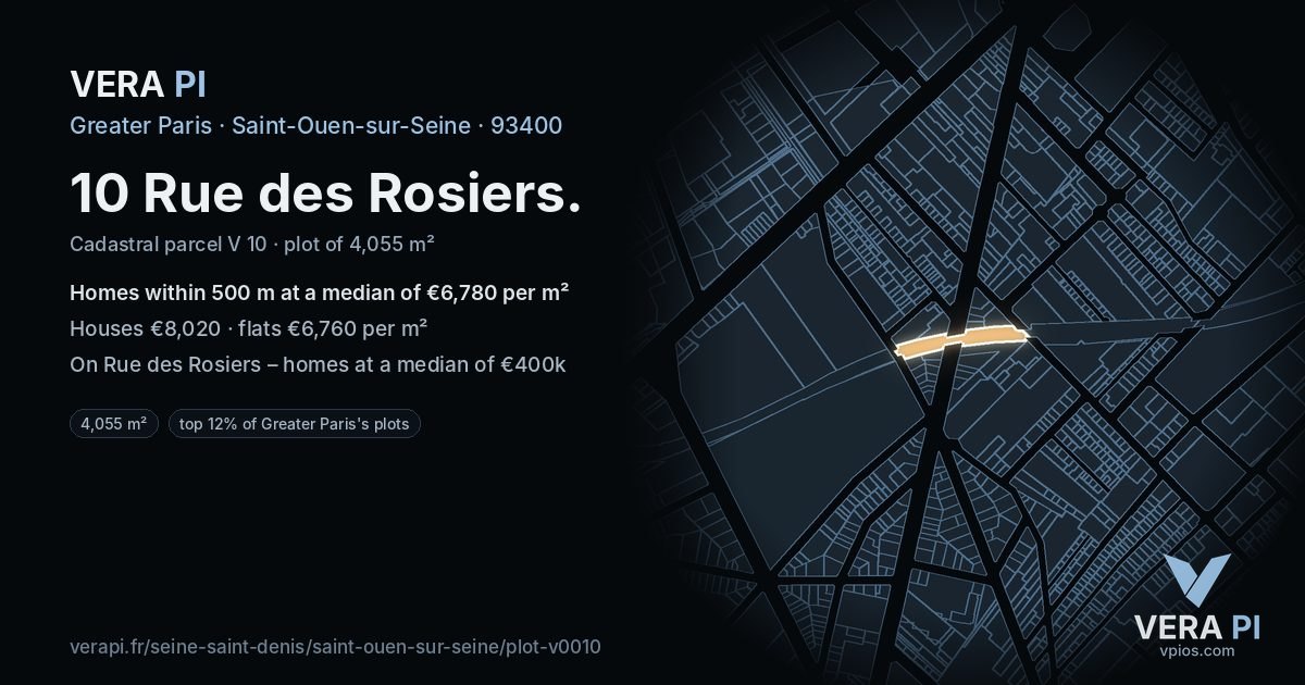 10 Rue des Rosiers, Saint-Ouen-sur-Seine at night – the plot lit, the parcels around coloured by the prices near them