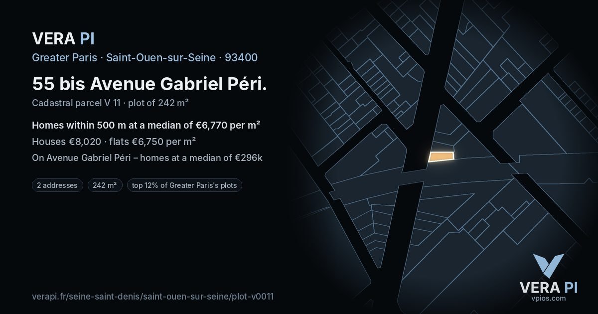 55 bis Avenue Gabriel Péri, Saint-Ouen-sur-Seine at night – the plot lit, the parcels around coloured by the prices near them