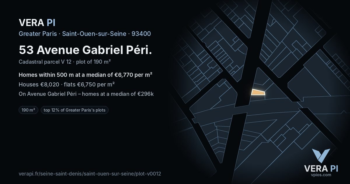53 Avenue Gabriel Péri, Saint-Ouen-sur-Seine at night – the plot lit, the parcels around coloured by the prices near them