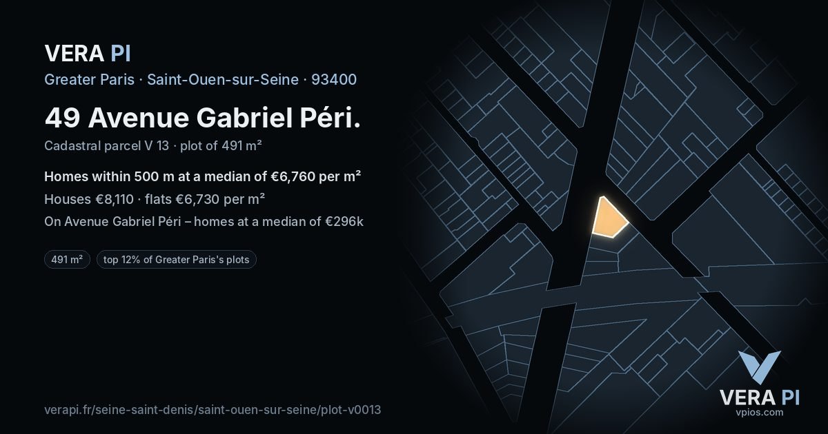 49 Avenue Gabriel Péri, Saint-Ouen-sur-Seine at night – the plot lit, the parcels around coloured by the prices near them