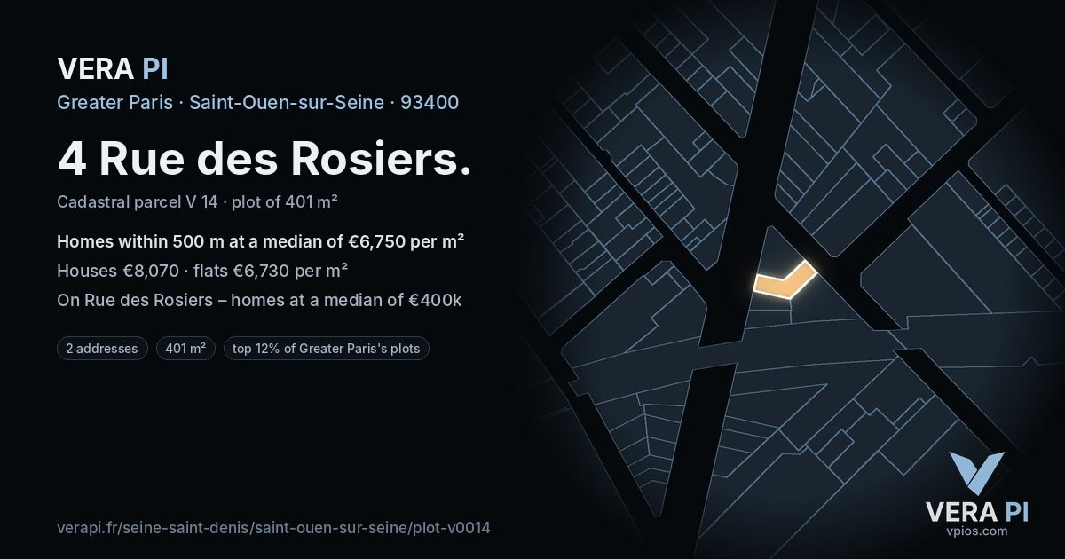 4 Rue des Rosiers, Saint-Ouen-sur-Seine at night – the plot lit, the parcels around coloured by the prices near them