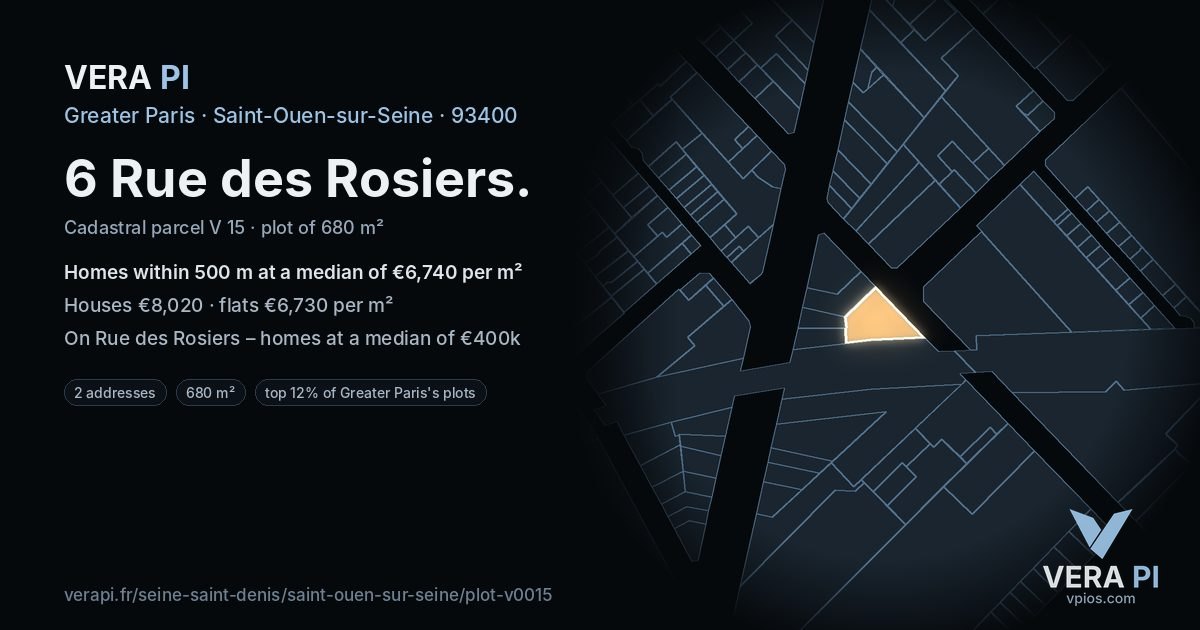 6 Rue des Rosiers, Saint-Ouen-sur-Seine at night – the plot lit, the parcels around coloured by the prices near them