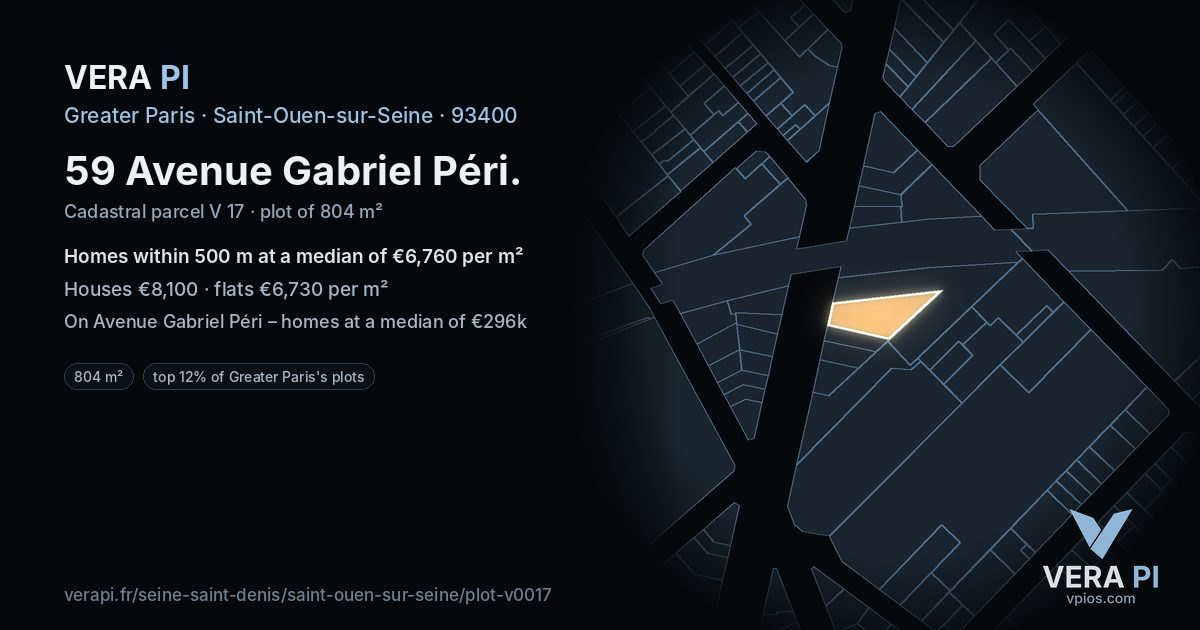 59 Avenue Gabriel Péri, Saint-Ouen-sur-Seine at night – the plot lit, the parcels around coloured by the prices near them