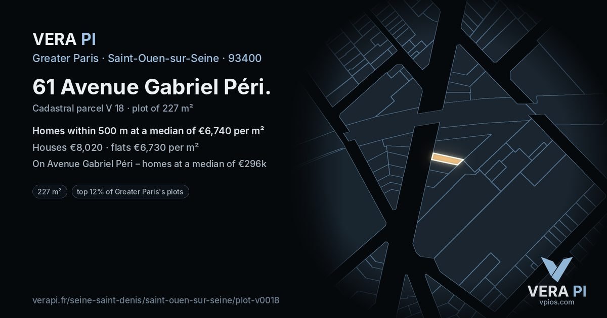 61 Avenue Gabriel Péri, Saint-Ouen-sur-Seine at night – the plot lit, the parcels around coloured by the prices near them