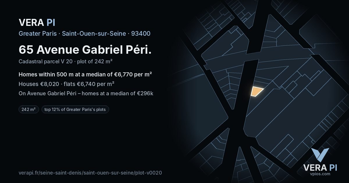 65 Avenue Gabriel Péri, Saint-Ouen-sur-Seine at night – the plot lit, the parcels around coloured by the prices near them