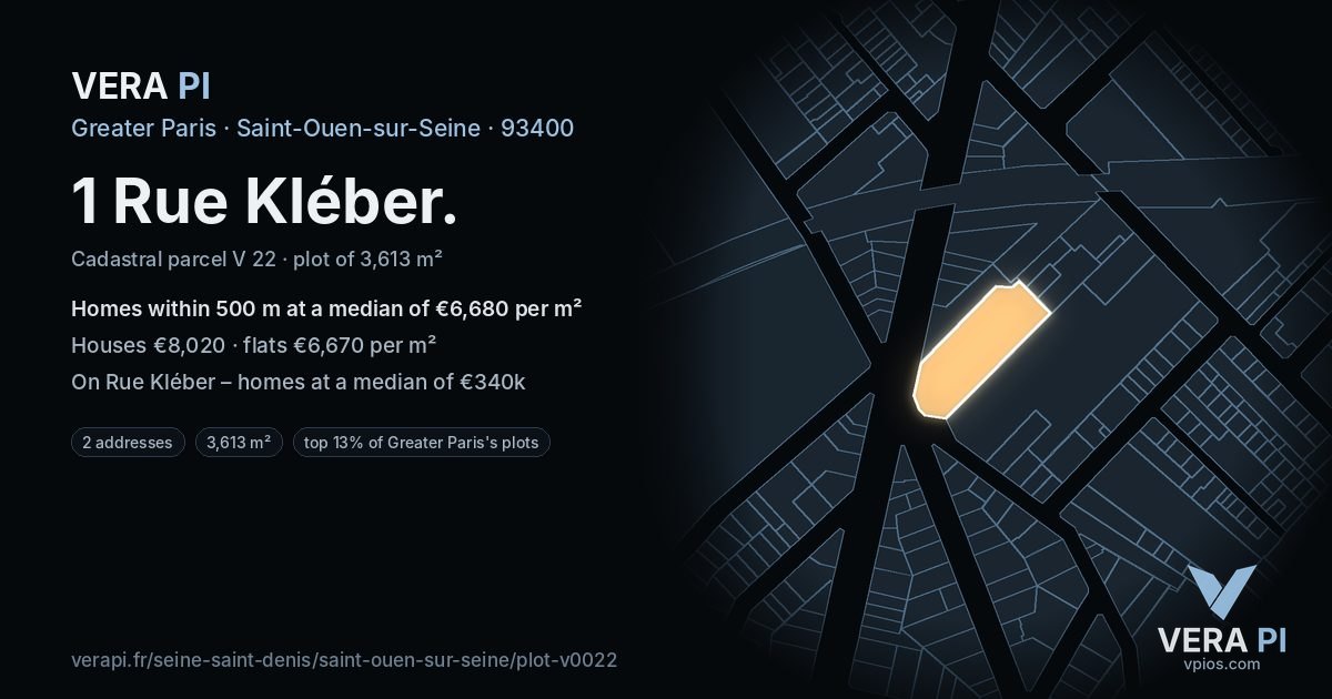 1 Rue Kléber, Saint-Ouen-sur-Seine at night – the plot lit, the parcels around coloured by the prices near them