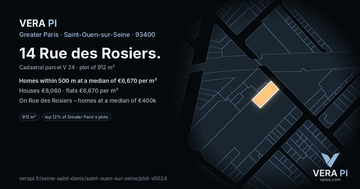 14 Rue des Rosiers, Saint-Ouen-sur-Seine at night – the plot lit, the parcels around coloured by the prices near them