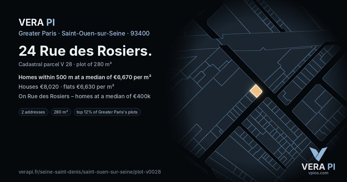 24 Rue des Rosiers, Saint-Ouen-sur-Seine at night – the plot lit, the parcels around coloured by the prices near them