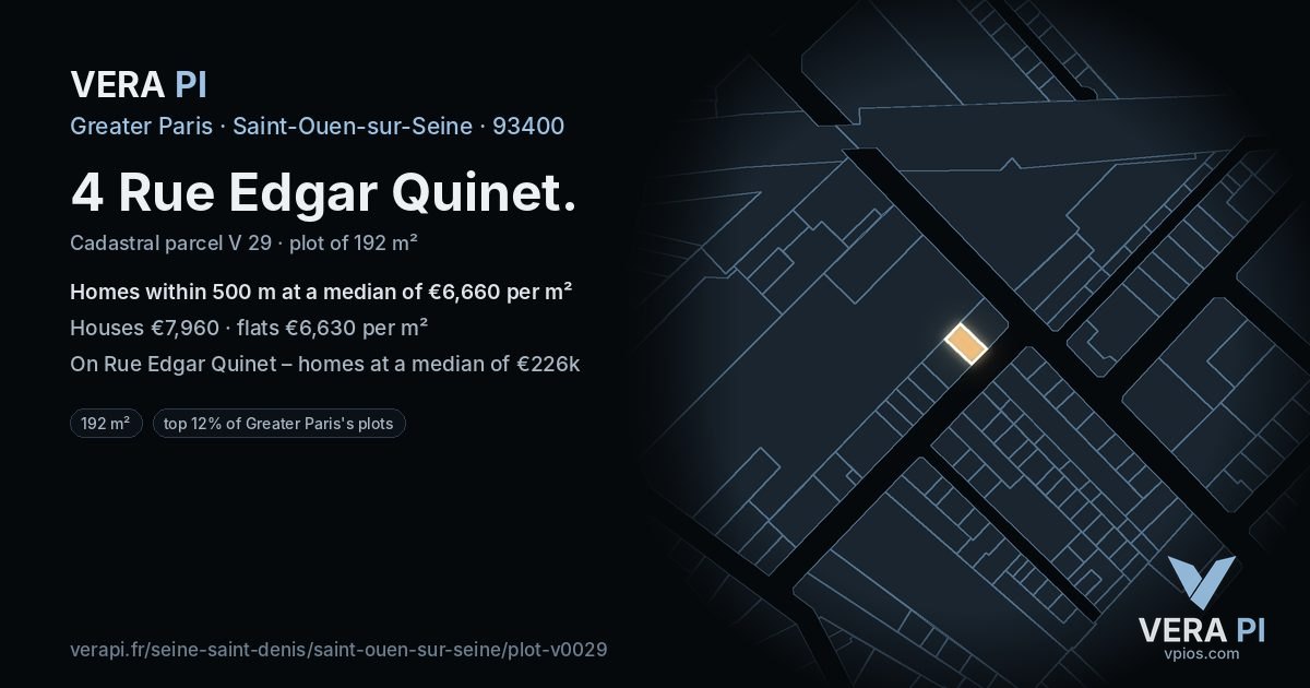 4 Rue Edgar Quinet, Saint-Ouen-sur-Seine at night – the plot lit, the parcels around coloured by the prices near them