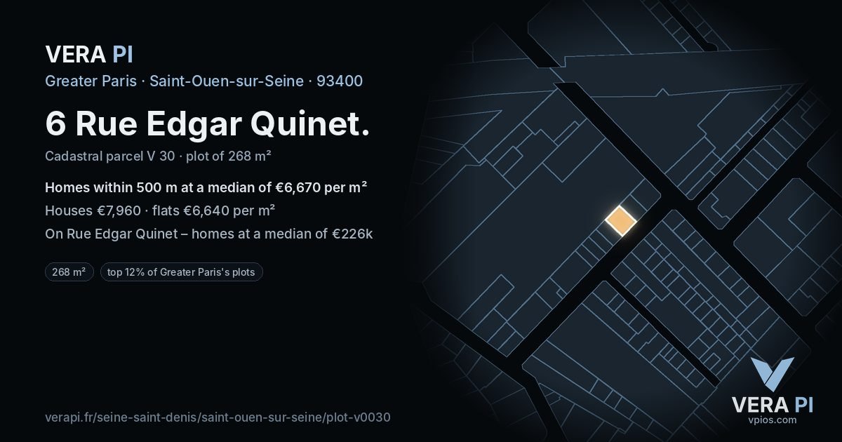 6 Rue Edgar Quinet, Saint-Ouen-sur-Seine at night – the plot lit, the parcels around coloured by the prices near them