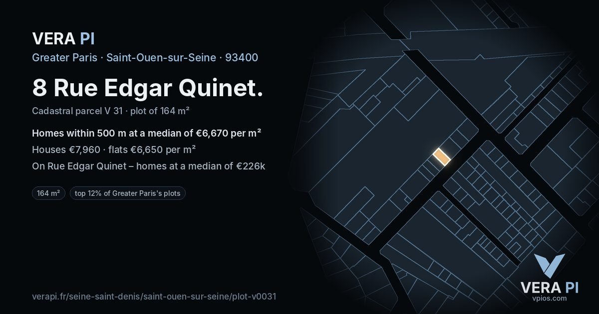 8 Rue Edgar Quinet, Saint-Ouen-sur-Seine at night – the plot lit, the parcels around coloured by the prices near them
