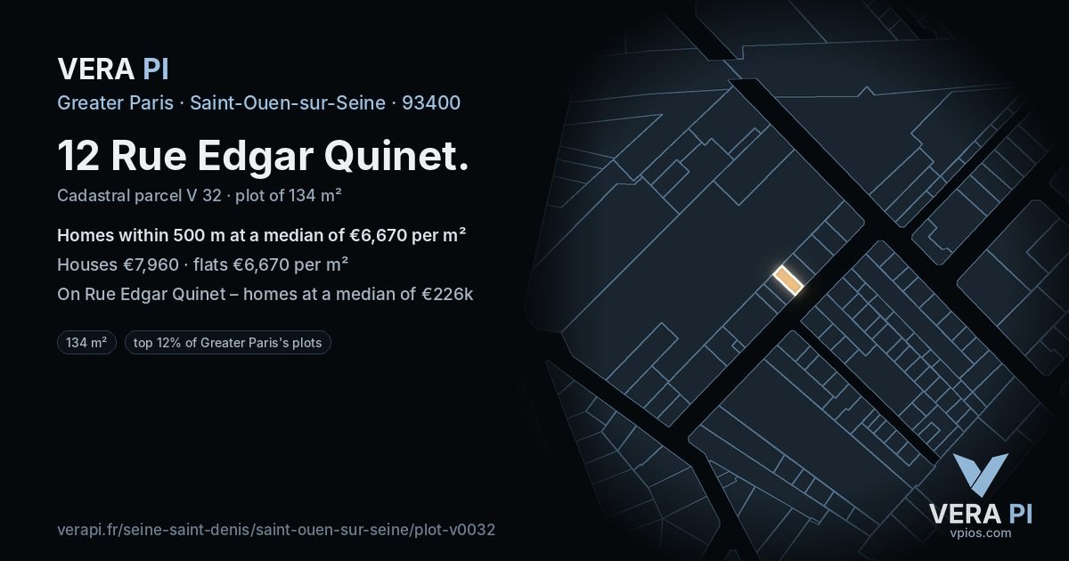 12 Rue Edgar Quinet, Saint-Ouen-sur-Seine at night – the plot lit, the parcels around coloured by the prices near them