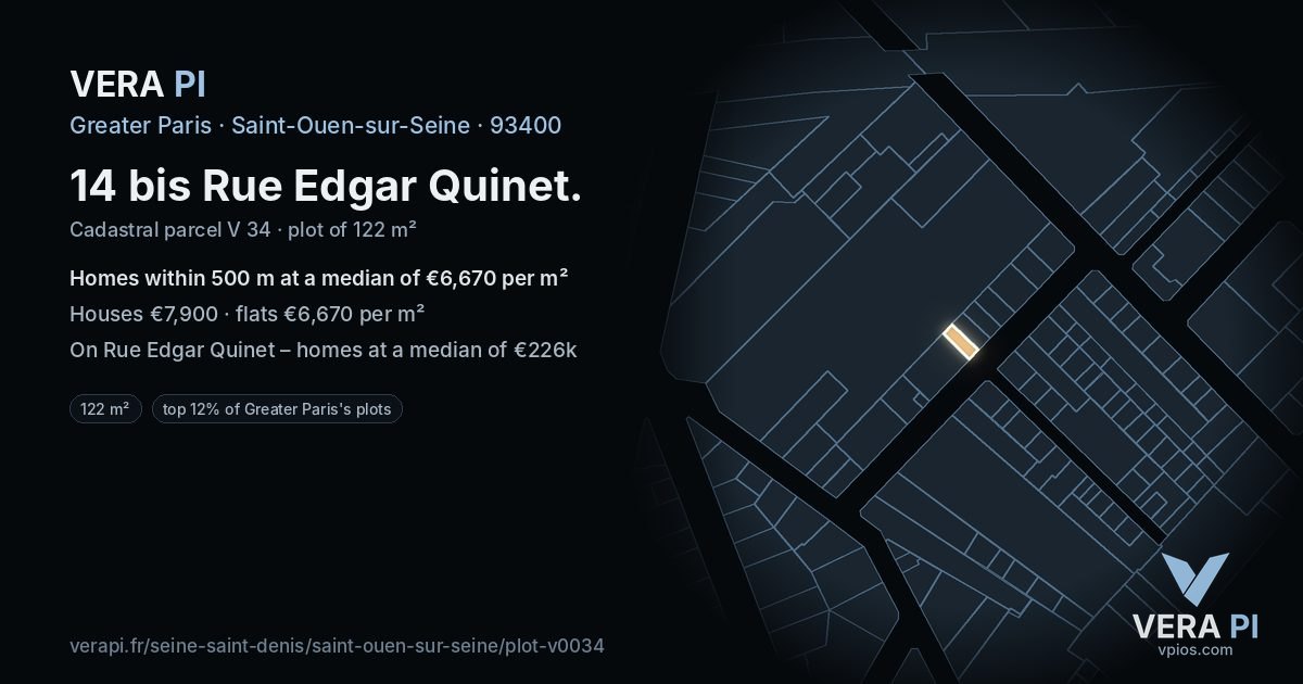 14 bis Rue Edgar Quinet, Saint-Ouen-sur-Seine at night – the plot lit, the parcels around coloured by the prices near them