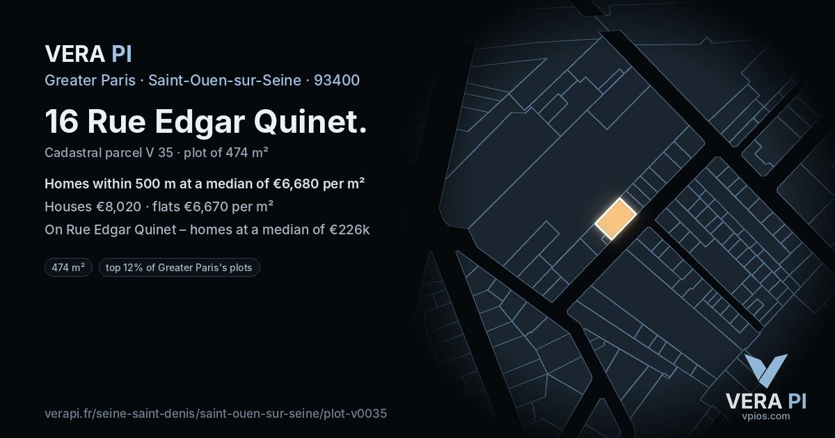 16 Rue Edgar Quinet, Saint-Ouen-sur-Seine at night – the plot lit, the parcels around coloured by the prices near them