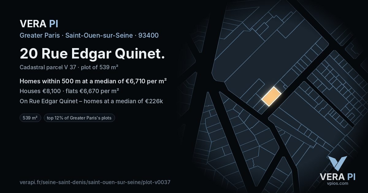 20 Rue Edgar Quinet, Saint-Ouen-sur-Seine at night – the plot lit, the parcels around coloured by the prices near them