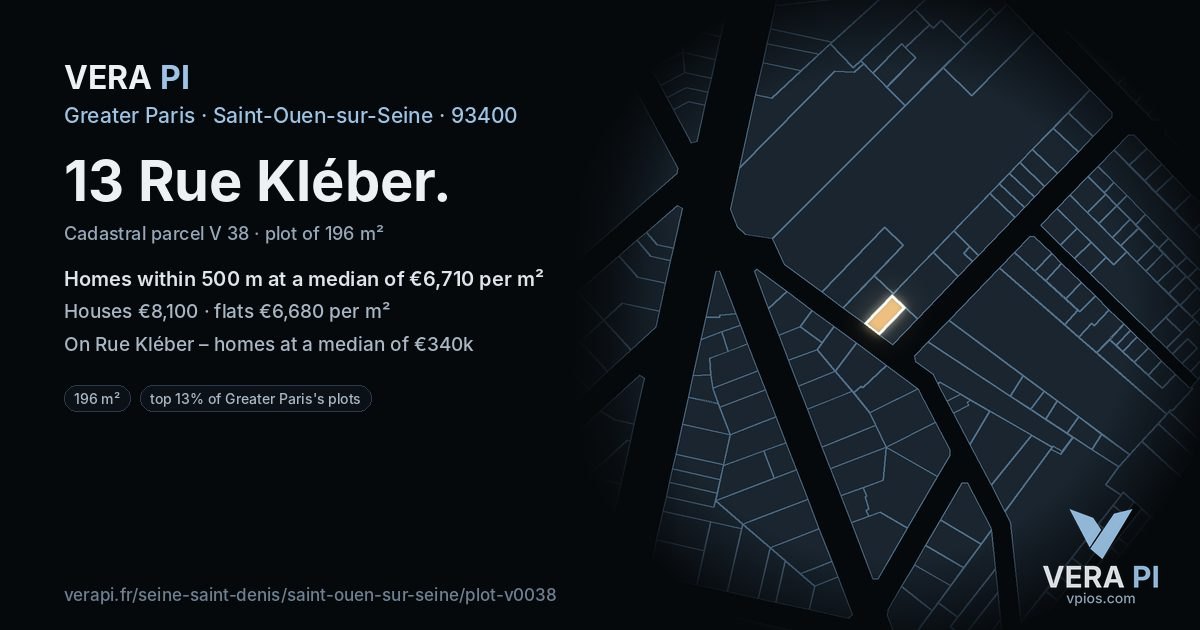 13 Rue Kléber, Saint-Ouen-sur-Seine at night – the plot lit, the parcels around coloured by the prices near them