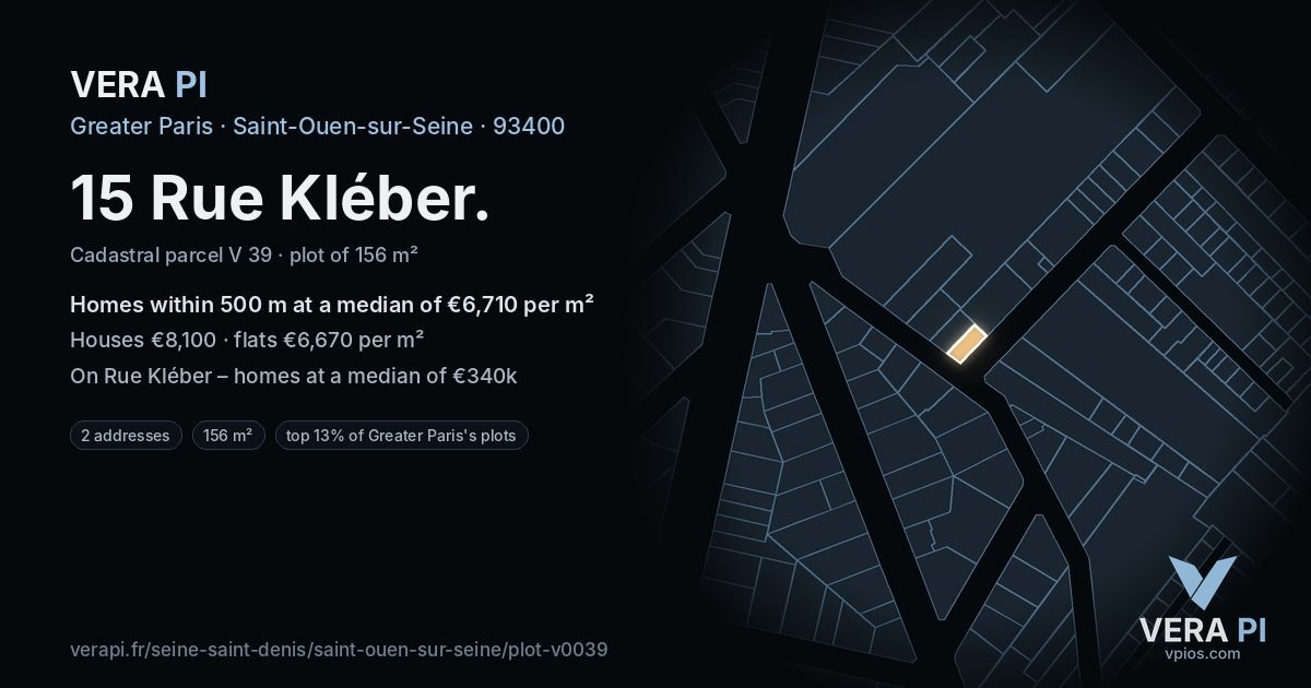 15 Rue Kléber, Saint-Ouen-sur-Seine at night – the plot lit, the parcels around coloured by the prices near them