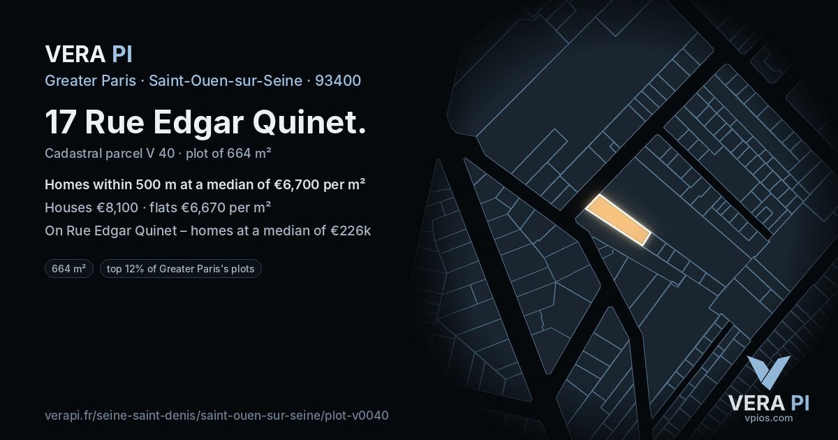 17 Rue Edgar Quinet, Saint-Ouen-sur-Seine at night – the plot lit, the parcels around coloured by the prices near them
