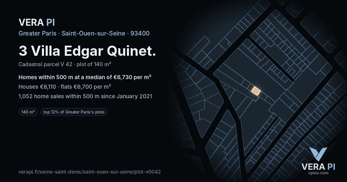 3 Villa Edgar Quinet, Saint-Ouen-sur-Seine at night – the plot lit, the parcels around coloured by the prices near them