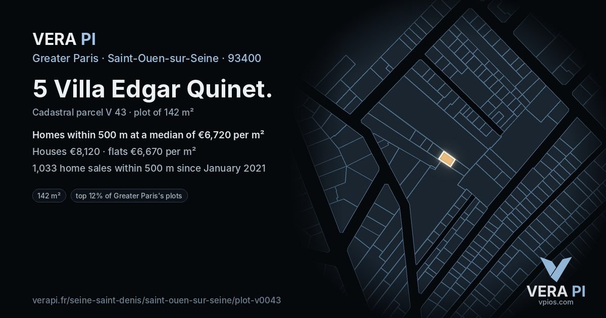 5 Villa Edgar Quinet, Saint-Ouen-sur-Seine at night – the plot lit, the parcels around coloured by the prices near them