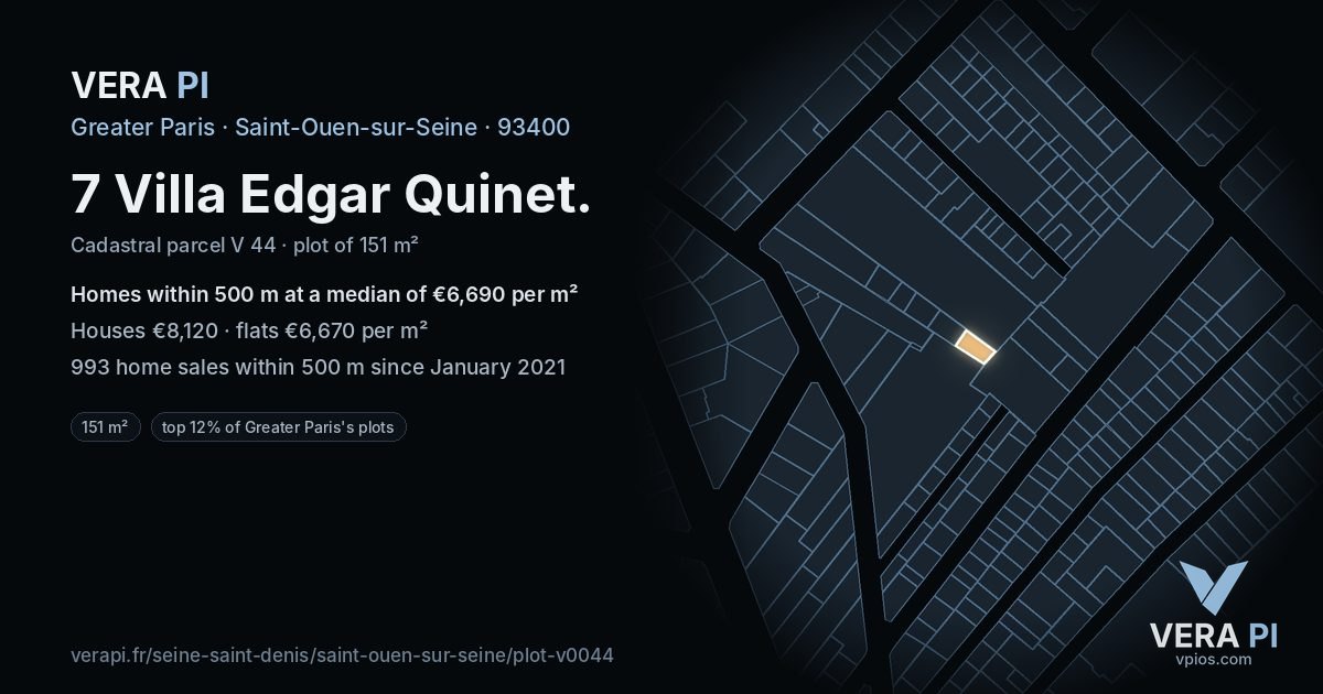 7 Villa Edgar Quinet, Saint-Ouen-sur-Seine at night – the plot lit, the parcels around coloured by the prices near them