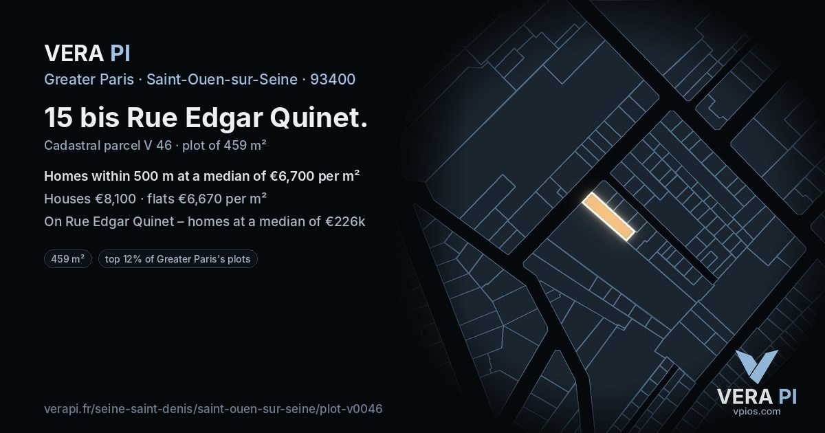 15 bis Rue Edgar Quinet, Saint-Ouen-sur-Seine at night – the plot lit, the parcels around coloured by the prices near them