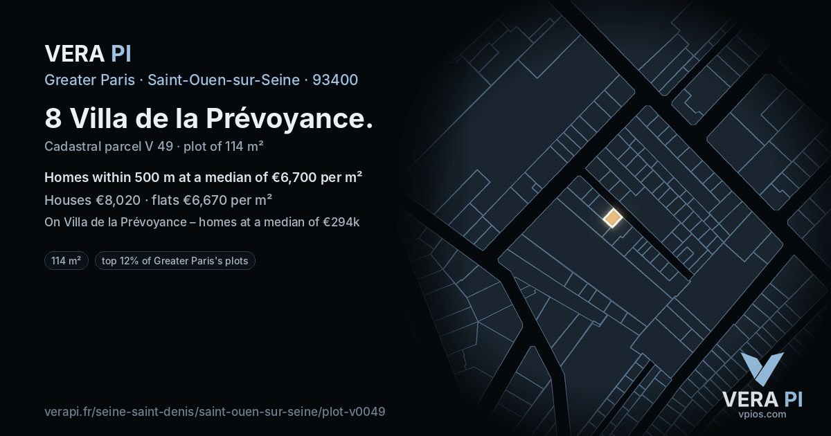 8 Villa de la Prévoyance, Saint-Ouen-sur-Seine at night – the plot lit, the parcels around coloured by the prices near them