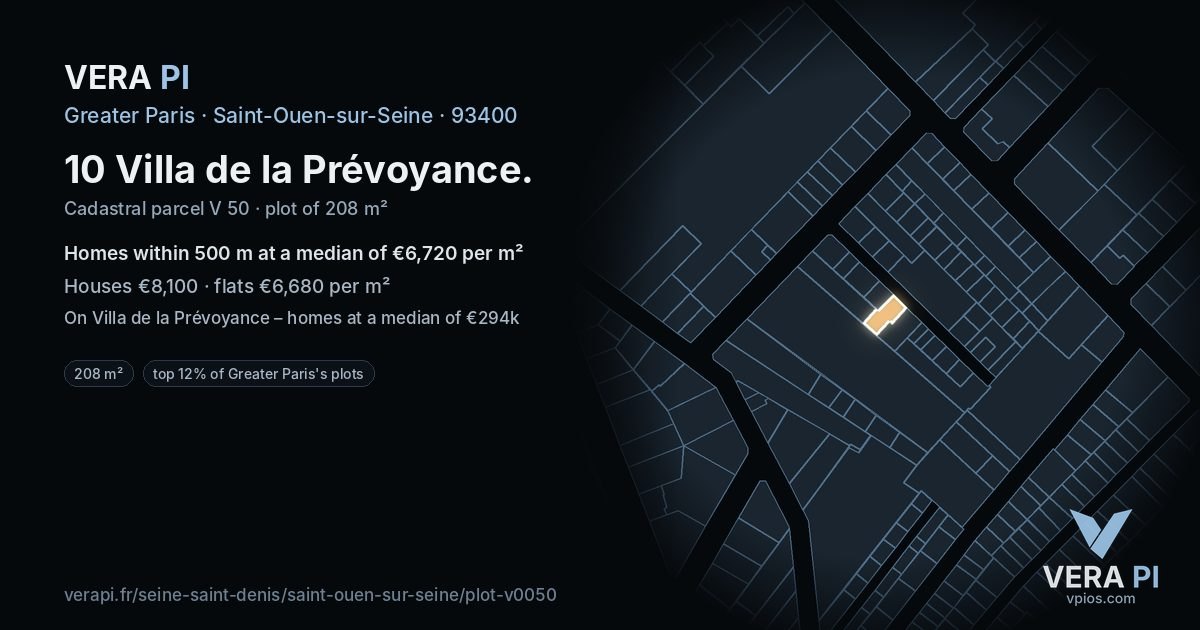 10 Villa de la Prévoyance, Saint-Ouen-sur-Seine at night – the plot lit, the parcels around coloured by the prices near them