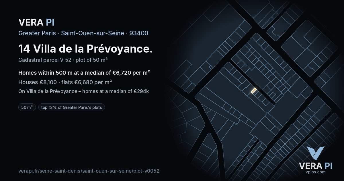14 Villa de la Prévoyance, Saint-Ouen-sur-Seine at night – the plot lit, the parcels around coloured by the prices near them