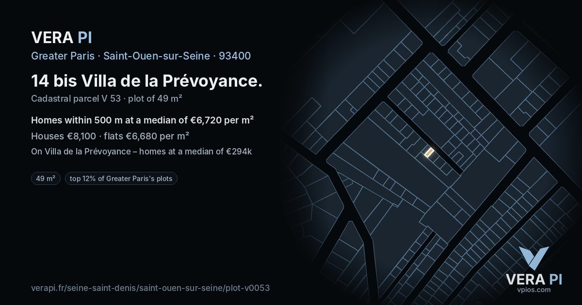 14 bis Villa de la Prévoyance, Saint-Ouen-sur-Seine at night – the plot lit, the parcels around coloured by the prices near them