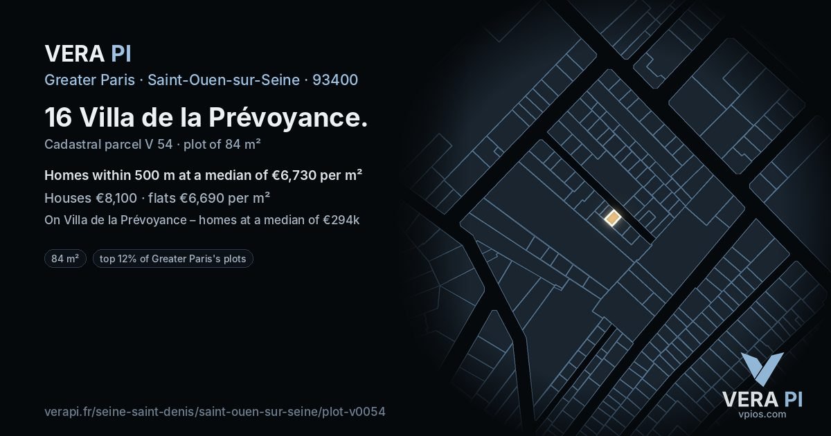 16 Villa de la Prévoyance, Saint-Ouen-sur-Seine at night – the plot lit, the parcels around coloured by the prices near them