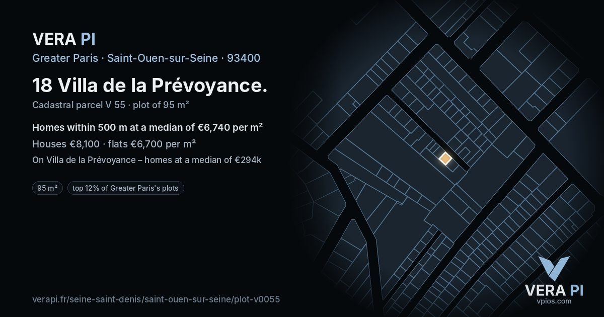 18 Villa de la Prévoyance, Saint-Ouen-sur-Seine at night – the plot lit, the parcels around coloured by the prices near them