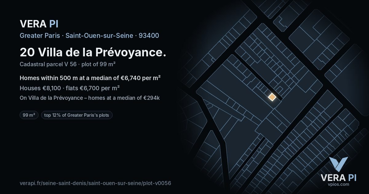 20 Villa de la Prévoyance, Saint-Ouen-sur-Seine at night – the plot lit, the parcels around coloured by the prices near them
