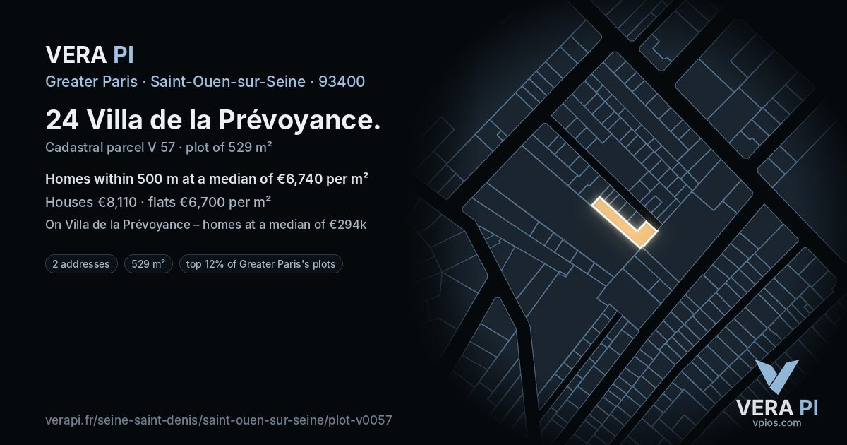 24 Villa de la Prévoyance, Saint-Ouen-sur-Seine at night – the plot lit, the parcels around coloured by the prices near them