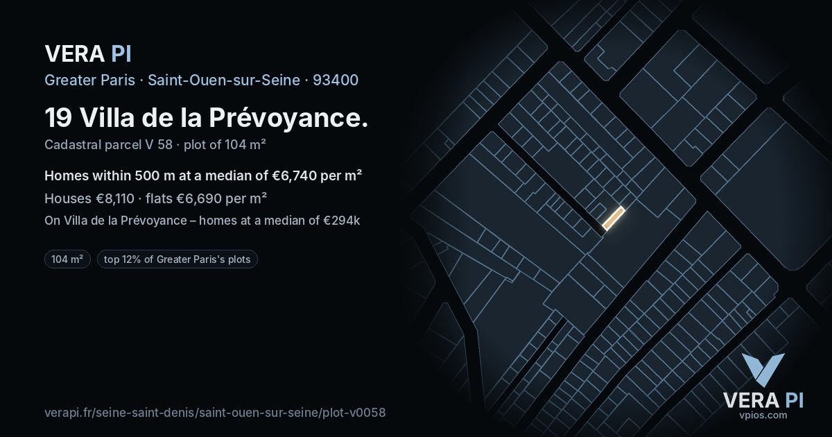 19 Villa de la Prévoyance, Saint-Ouen-sur-Seine at night – the plot lit, the parcels around coloured by the prices near them