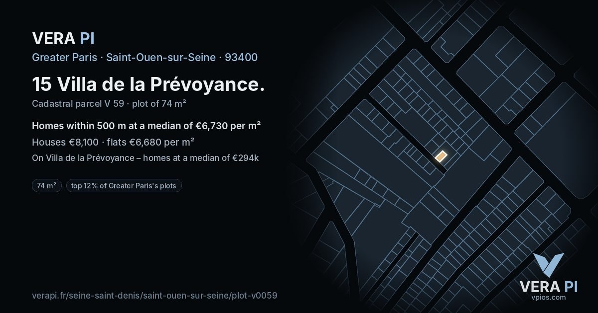 15 Villa de la Prévoyance, Saint-Ouen-sur-Seine at night – the plot lit, the parcels around coloured by the prices near them