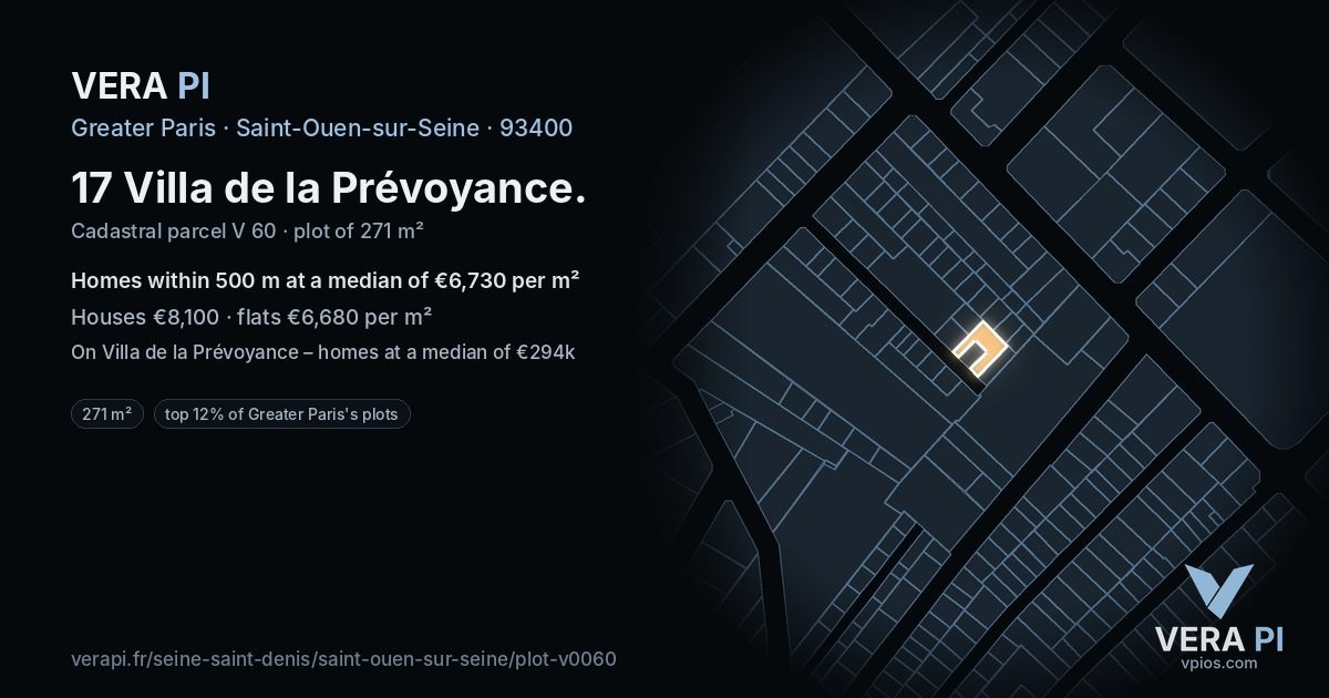 17 Villa de la Prévoyance, Saint-Ouen-sur-Seine at night – the plot lit, the parcels around coloured by the prices near them