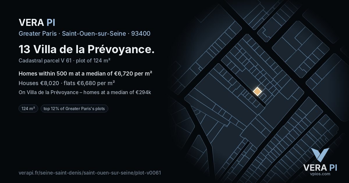 13 Villa de la Prévoyance, Saint-Ouen-sur-Seine at night – the plot lit, the parcels around coloured by the prices near them