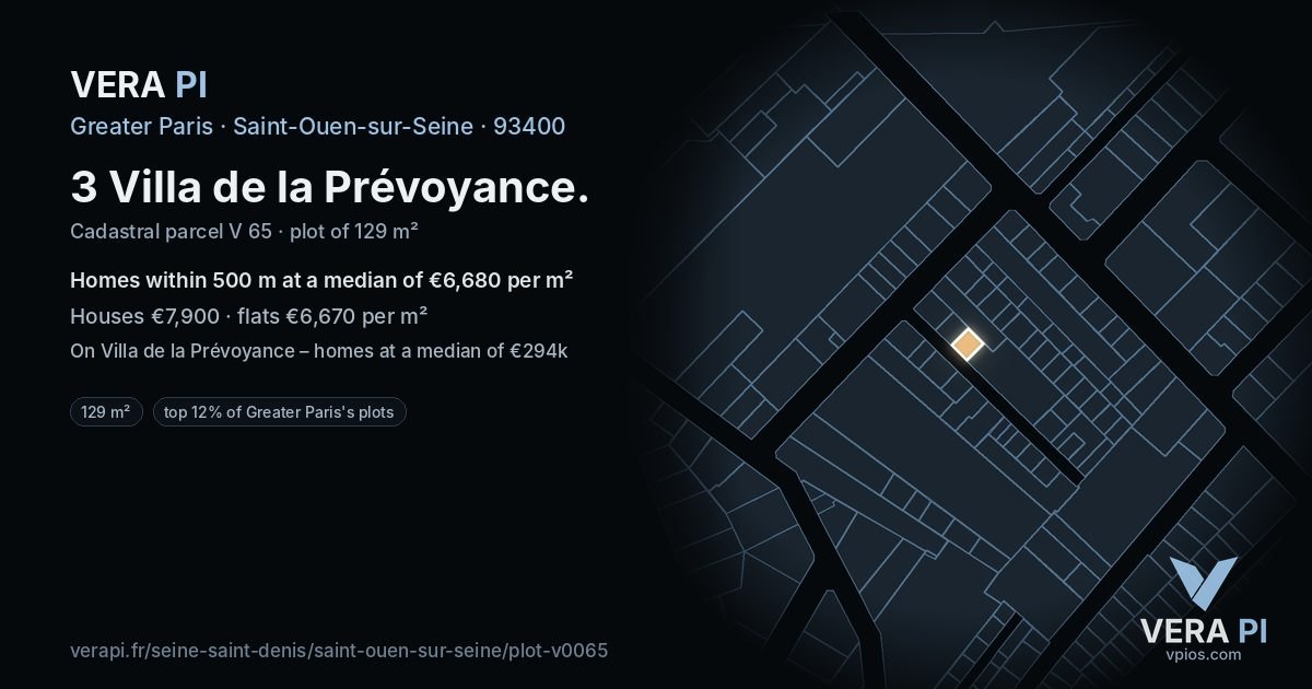 3 Villa de la Prévoyance, Saint-Ouen-sur-Seine at night – the plot lit, the parcels around coloured by the prices near them