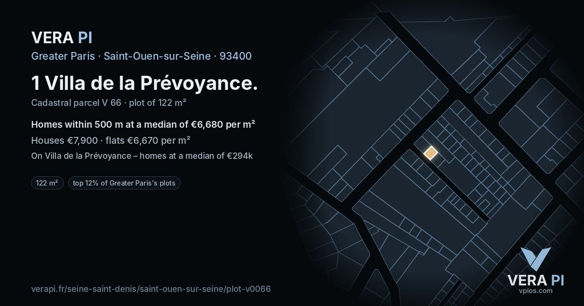 1 Villa de la Prévoyance, Saint-Ouen-sur-Seine at night – the plot lit, the parcels around coloured by the prices near them