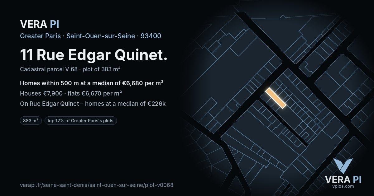 11 Rue Edgar Quinet, Saint-Ouen-sur-Seine at night – the plot lit, the parcels around coloured by the prices near them