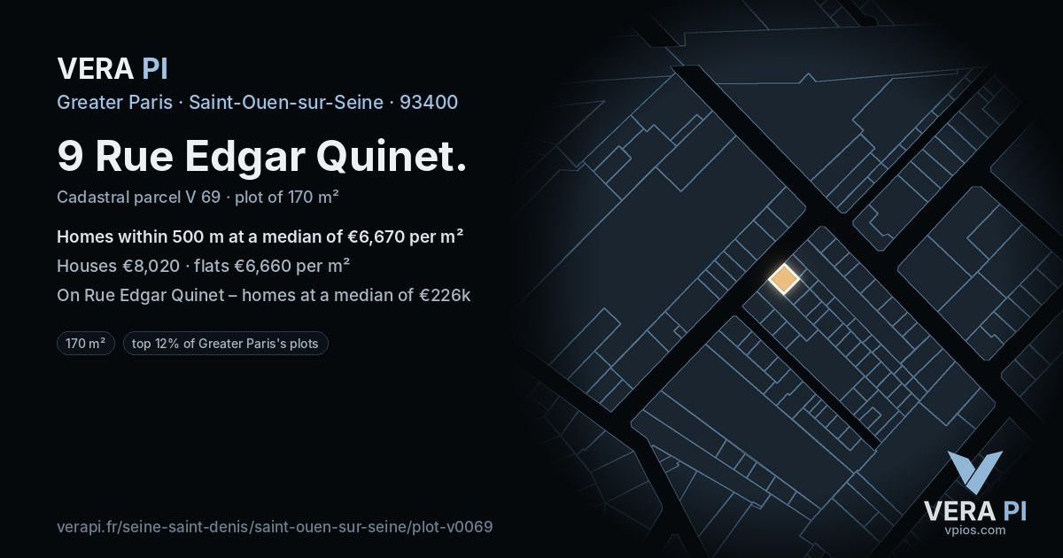 9 Rue Edgar Quinet, Saint-Ouen-sur-Seine at night – the plot lit, the parcels around coloured by the prices near them