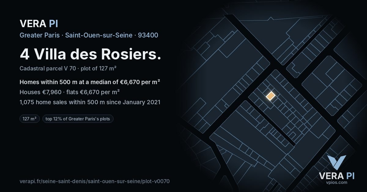 4 Villa des Rosiers, Saint-Ouen-sur-Seine at night – the plot lit, the parcels around coloured by the prices near them