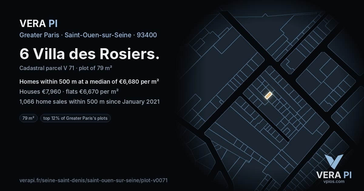 6 Villa des Rosiers, Saint-Ouen-sur-Seine at night – the plot lit, the parcels around coloured by the prices near them