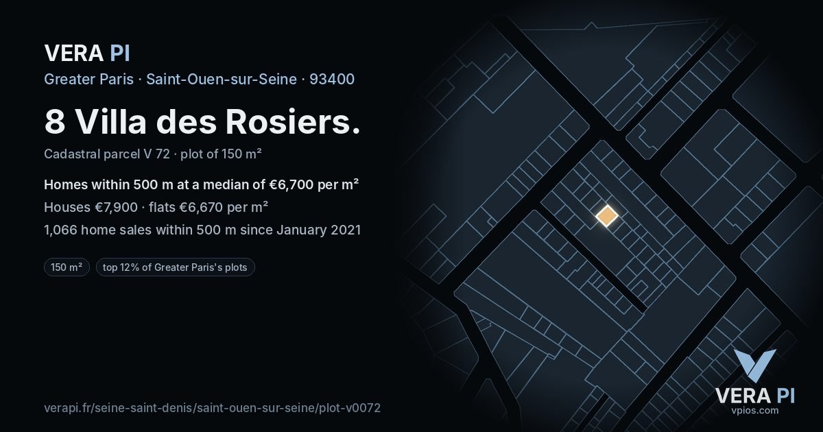 8 Villa des Rosiers, Saint-Ouen-sur-Seine at night – the plot lit, the parcels around coloured by the prices near them