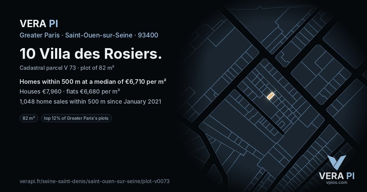10 Villa des Rosiers, Saint-Ouen-sur-Seine at night – the plot lit, the parcels around coloured by the prices near them
