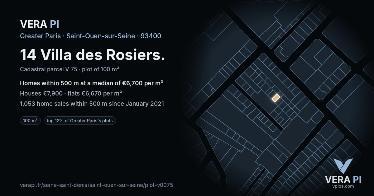 14 Villa des Rosiers, Saint-Ouen-sur-Seine at night – the plot lit, the parcels around coloured by the prices near them