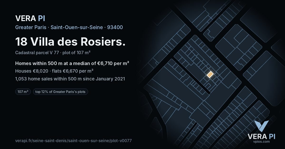18 Villa des Rosiers, Saint-Ouen-sur-Seine at night – the plot lit, the parcels around coloured by the prices near them