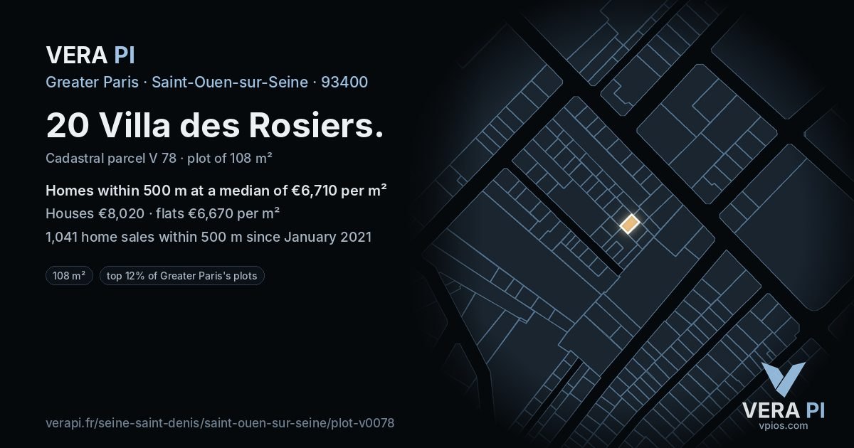 20 Villa des Rosiers, Saint-Ouen-sur-Seine at night – the plot lit, the parcels around coloured by the prices near them